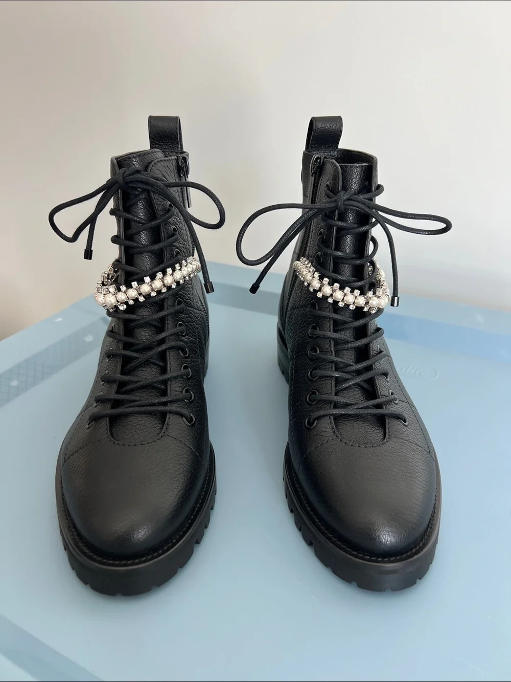 Jimmy Choo cruz crystal faux pearl embellished strap lace-up black leather boots